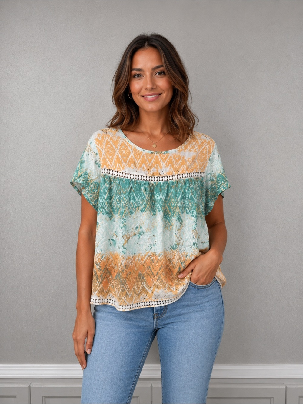 Ariat Boho Crochet Trim Short Sleeve Top - Mint & Peach